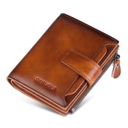 Portefeuilles Vertical Vintage Vintage authentique portefeuille en cuir RFID Blocking Zipper Coin Purse Burse Carte Bagder Sac Wallet Man