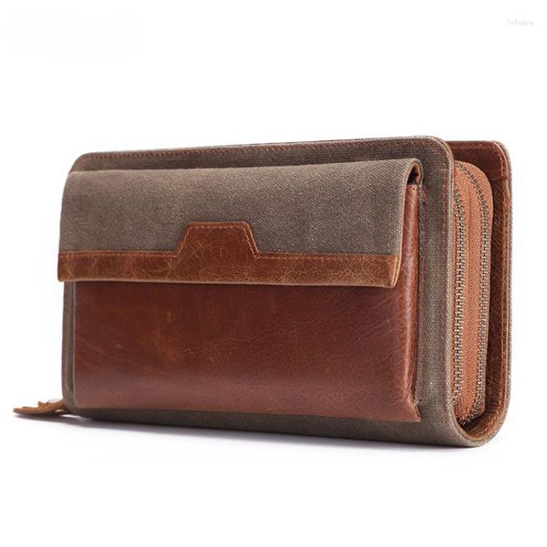 Carteras Cartera para hombre Impermeable Tela de cera de aceite Cremallera Clip para dinero Estilo largo Bolso de cuero genuino Monedero multifuncional de vaca