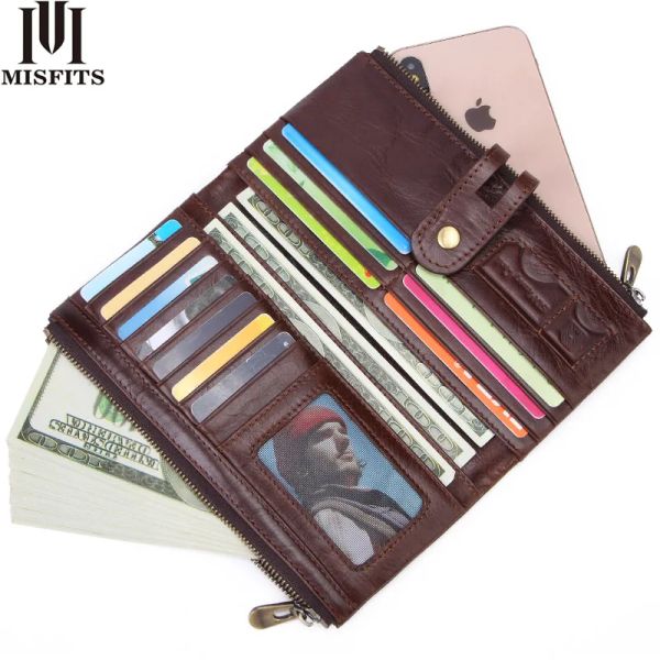 Billeteras Misfits Nuevos hombres vintage billetera larga de cuero genuino billetera de embrague de bolso masculino para el teléfono soporte de alta calidad con cremallera bolso de dinero