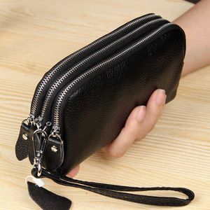 Carteras MJ Mujeres Cartera larga Cuero genuino 3 capas Cremallera Monedero Bolsa Gran capacidad Pulsera Embrague Teléfono Monederos Y2301