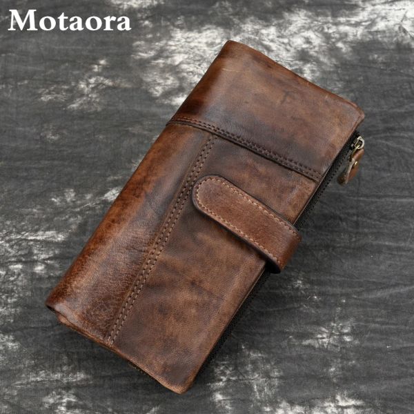 Billeteras Motaora Vintage Cow Wide Oil Wax Piel de piel larga para la billetera de cuero genuino masculino para damas billetera de empalme multicard