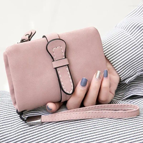 Carteras multifunción monedero corto plegable con cordón para Mujer, Cartera de cuero nobuk con cremallera y correa para la muñeca, Carteras Para Mujer