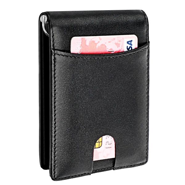 Portefeuilles nouveaux anti-rfid hommes authentique cuir en cuir clip portefeuille bifold marque mâle billfold id carte de cartes de caisse détenteur de trésorerie avec une pince en métal