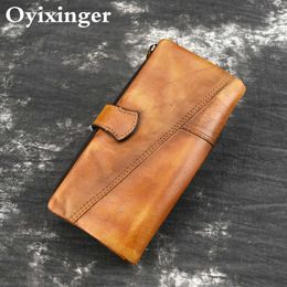 Portefeuilles oyixer vintage echte lederen portemonnee oliewas huid lange portemonnee voor mannelijke cowhide notecase voor dames multi-card splicing portemonnee z0323