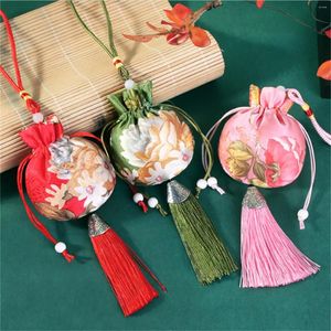 Carteras con cordón bordado de plantas, bolsita de brocado de estilo chino, almacenamiento de joyería Vintage, Mini monedero, bolsa con borla, regalo