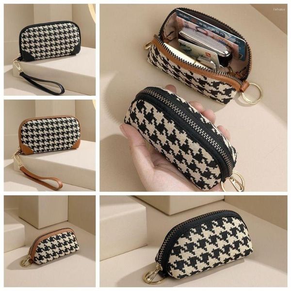 Portefeuilles Pu Cuir Long Style Portefeuille Car Key Sac Toile Square Changement Porte-monnaie Porte-carte Money Clip Houndstooth Zipper Filles