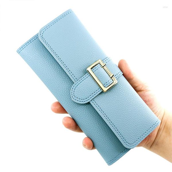 Portefeuilles en cuir PU femmes luxe Long moraillon trois volets porte-monnaie porte-carte couleurs unies mince pochette sac à main argent poche portefeuille