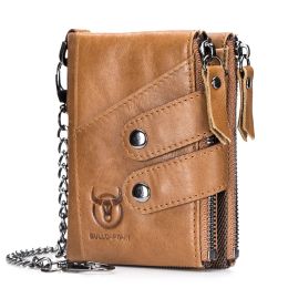 Portefeuilles Kwaliteit Echte lederen mannen Wallet Brand Zipper Man Purse Vintage Cow Leather Male Card Coin Bag met ijzeren ketting