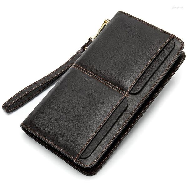 Carteras de cuero auténtico para hombre, monedero largo para hombre, bolsos de mano para hombre, billetera con cremallera auténtica, monedero de negocios Unisex, bolso de muñeca para teléfono