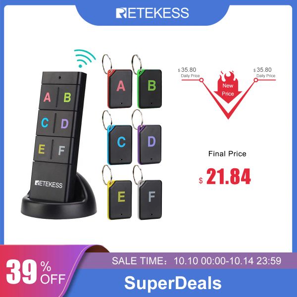 Billeteras Retekess TH104 Clave de teclas inalámbricas Rf Localizador Pet Rastreador Tracker Remote Control 1 RF Transmisor 6 Receptor