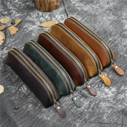 Portefeuilles retro potlood Case echte lederen zakelijke tas voor kinderen cowhide school kantoor zipper pen pouch stationery benodigdheden wallets