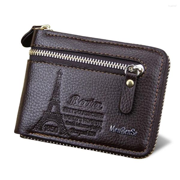 Portefeuilles rétro courte du cuir masculin portefeuille authentique sac à fermeture éclair et carte de carte argent douce