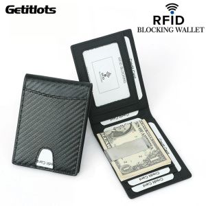 Portefeuilles RFID Modèle en fibre de carbone Clip en argent mince pour hommes Mini portefeuille en cuir avec clips de petit portefeuille Pince en métal pour l'argent