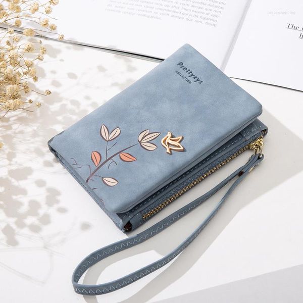 Cartera corta para mujer, bonito diseño de patrón de pájaro y árbol, monedero con cremallera para niñas, titular de la identificación de las señoras, bolso de mano pequeño de PU