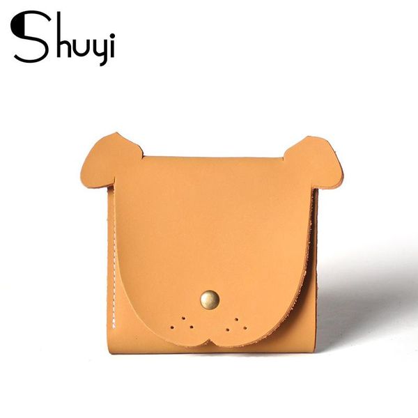 Portefeuilles SHUYI Simple Cartoon Portefeuille En Cuir Véritable Femmes Trois Pliant Porte-Monnaie Rétro Tête De Chien Petit Titulaire De La Carte En Cuir De Vache Sac D'argent