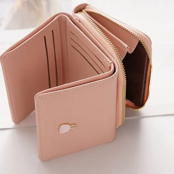 Carteras Cartera pequeña para mujer Mini lindo monedero tarjeta funda, soporte de cuero PU triple monedero con cremallera femenina con ventana de identificación