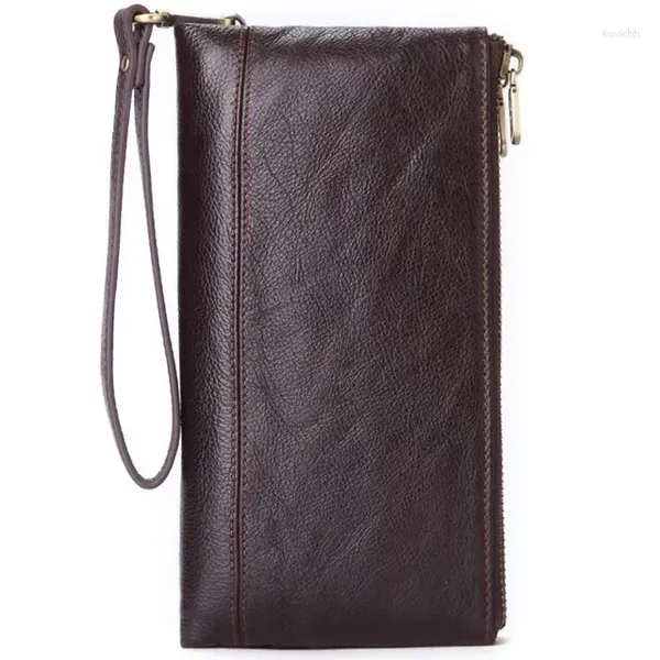 Portefeuilles en cuir véritable souple pour hommes, portefeuille noir à Double fermeture éclair, pochette longue en vache, grande capacité, poche pour téléphone pour femmes