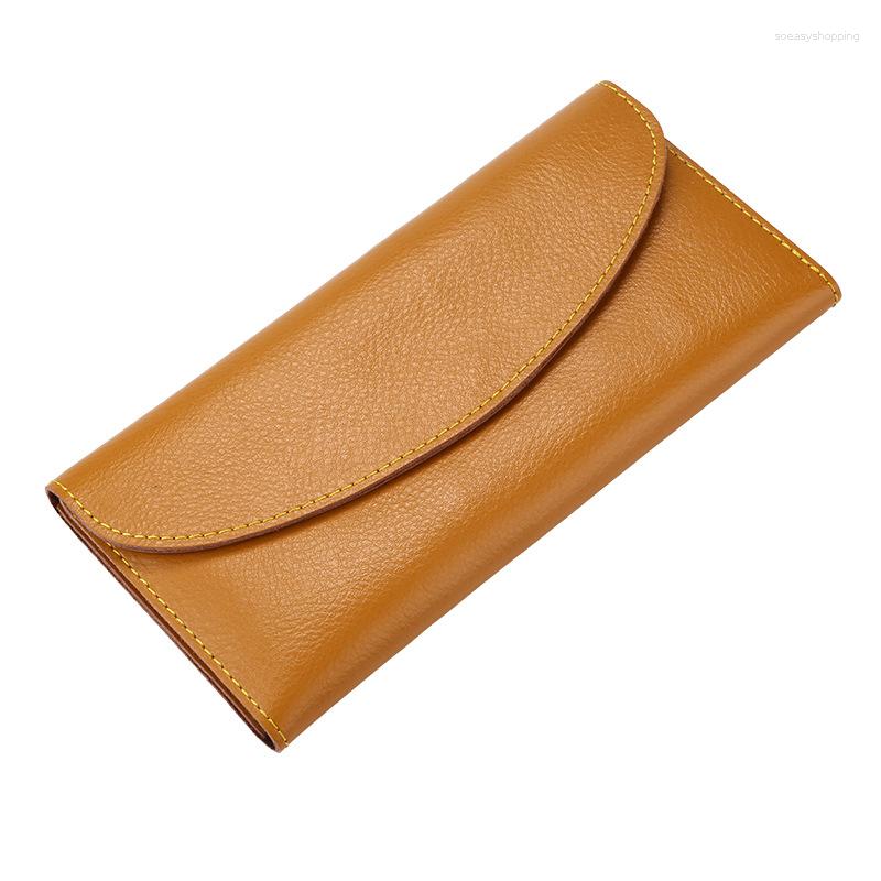 Carteiras de couro macio feminino longo clipe de couro real simples bolsa de moda função carteira mão estilo feminino all-match