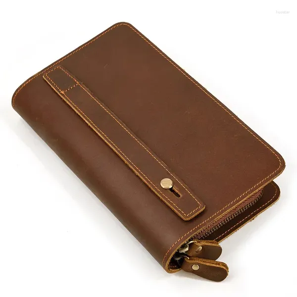 Portefeuilles Vintage en cuir hommes pochette longue véritable Double couche affaires