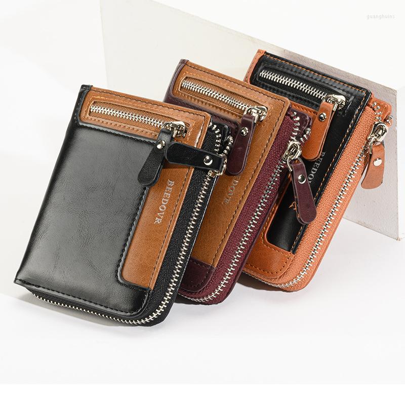 Wallets Vintage Vertical Square Solid Color Soft Surface Anti-theft And Demagnetization Brush Wallet Short Business Zipper Leather Bag