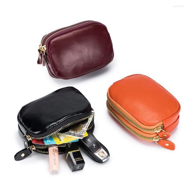 Carteras de piel de vaca con doble cremallera para mujer, bolso portátil, tarjetero, estuche de lápiz labial, Mini auricular de cuero, monedero para cambiar