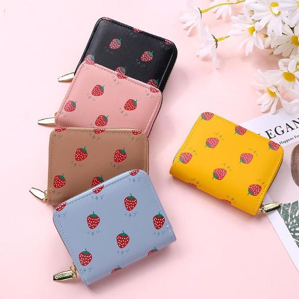 Billeteras para mujer, bonita cartera con dibujos de fresas, pequeña cremallera, diseño de marca para niña, monedero de cuero Pu, tarjetero para mujer