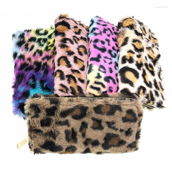 Carteras para mujer, cartera de piel sintética de leopardo a la moda, soporte para teléfono móvil, Clip para dinero, bolso de mano esponjoso para niñas