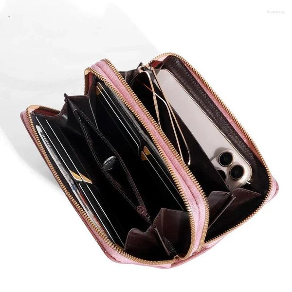 Carteras Mujeres Cartera larga Doble cremallera Estudiante Bordado Gran capacidad Bolsa de mano Soft Zero Monederos para