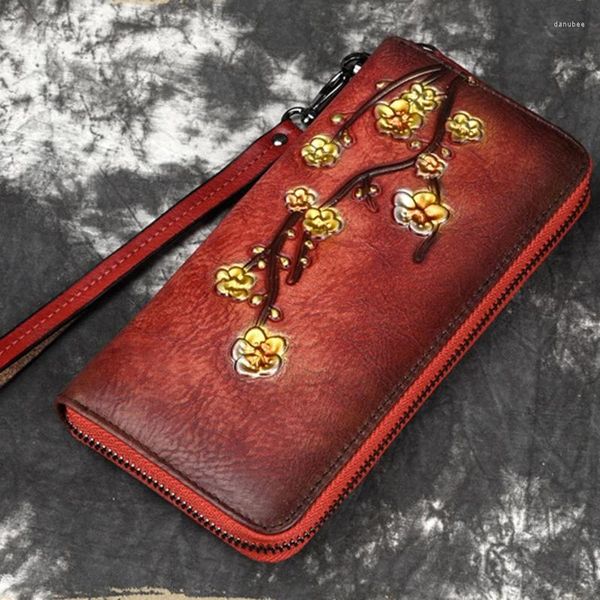 Portefeuilles Femmes Long portefeuille en cuir véritable argent pratique sac à fermeture éclair porte-cartes de luxe fleur de prunier Vintage femme pochette sacs de poignet sac à main