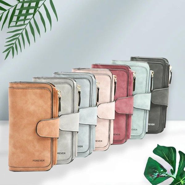 Carteras Cartera larga para mujer Cuero de PU esmerilado Textura de moneda Cremallera sólida Bolso cuadrado multifuncional Soporte de gran capacidad