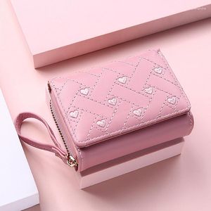 Cartera de mujer para cuero PU moda bordado amor tres pliegues pequeño tarjetero Multi-tarjeta ranura monederos