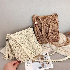 Carteras tejidas de paja bandolera de hombro con borla Boho ahueca hacia fuera el bolso cruzado de ganchillo para mujer bolso de mano de macramé de playa