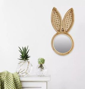 Wallmounted rattan handgemaakte decoratieve konijn oor aap dressing make -up spiegel hangende ronde decoratie compacte muur 9483456