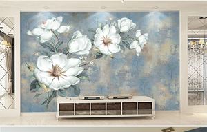 Behang 3d zwerm witte vlinders blauwe dromerige bloemen woonkamer slaapkamer achtergrond wanddecoratie muurschildering behang