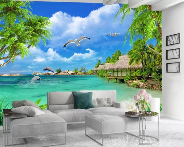 3d papier peint HD cocotier belle mer paysage salon chambre cuisine fond décoration murale peinture murale fonds d'écran