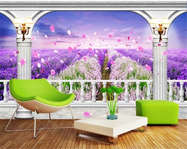 Fondo de pantalla 3d Mural Columna romana europea Flores de lavanda románticas Mar 3D TV Fondo Fondo de pared Pintura Fondo de pantalla HD