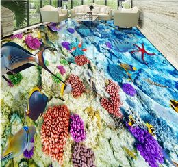 Papier peint 3d stéréoscopique HD 3d tridimensionnel, récif de corail de mer, poissons tropicaux, carrelage de sol, mur de briques