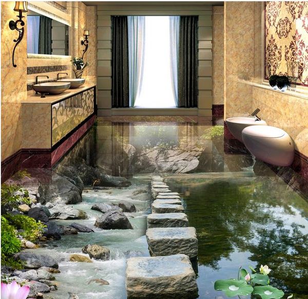 Papel pintado para dormitorio Stream Stone Pier Lotus flow baldosas 3D pintura de suelo papel pintado blanco