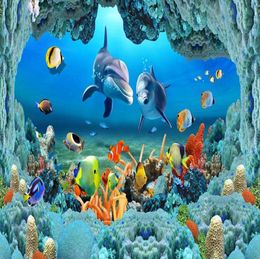 Fond d'écran pour murs 3d Sea World Underwater Caves Dolphin Fish Floring Bricks Bathroom Wallpaper 8386653