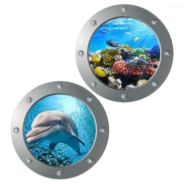 Fonds d'écran 2 pcs Stickers muraux Décor Mer Océan Stickers Chambre Papier peint Enfants Salle de bains Artisanat Hublot PVC Thème Enfant pour peintures murales de dauphins