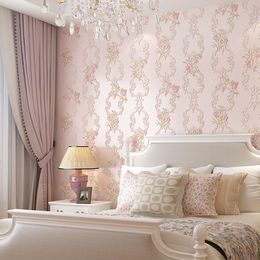 Wallpapers 2023 aankomst roze blauwe bloemen behang streep curve 3d romantische zoete bloemen meisje slaapkamer muurpapieren qz033