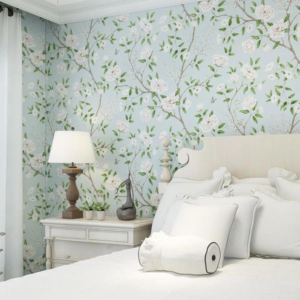 Fondos de pantalla 2023 Hermosas flores grandes Papel tapiz fresco azul claro Dormitorio Papel de pared Sala de estar Papeles de pared florales Decoración para el hogar Qz002