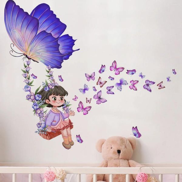 Fonds d'écran 2pcs petite fille balançoire papillon dessin animé autocollant mural fond salon chambre étude décoration murale