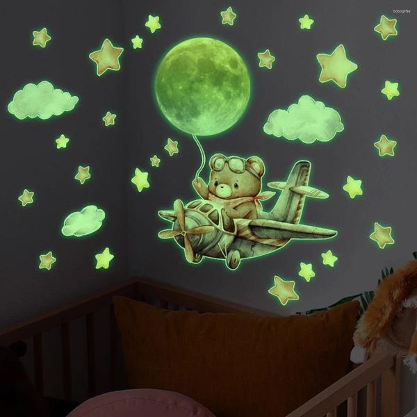 Fonds d'écran 2PCS Cartonnerie lumineuse ours d'ours volant d'avion décoration mural décoration de chambre d'enfants étoiles étoiles autocollants YCG2029