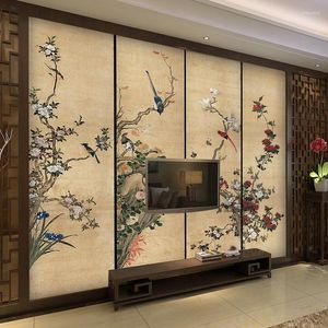 Fondos de pantalla 3 D Papel tapiz TV Mural de pared para fondo Tinta grande Flores y pájaros Frescos Estilo retro chino Sala de estar