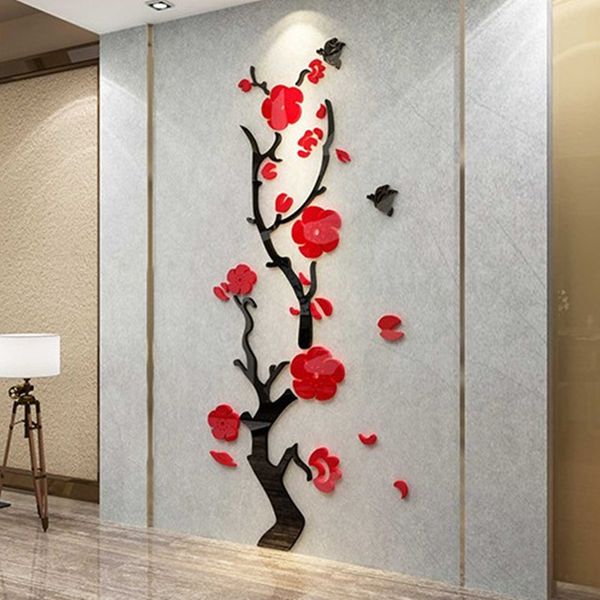 Fonds d'écran Multi-pièces de taille 3-pièces Plum Blossom Fleur Modèle de fleur 3D Acrylique Mur Autocollant DIY Affiche Mur