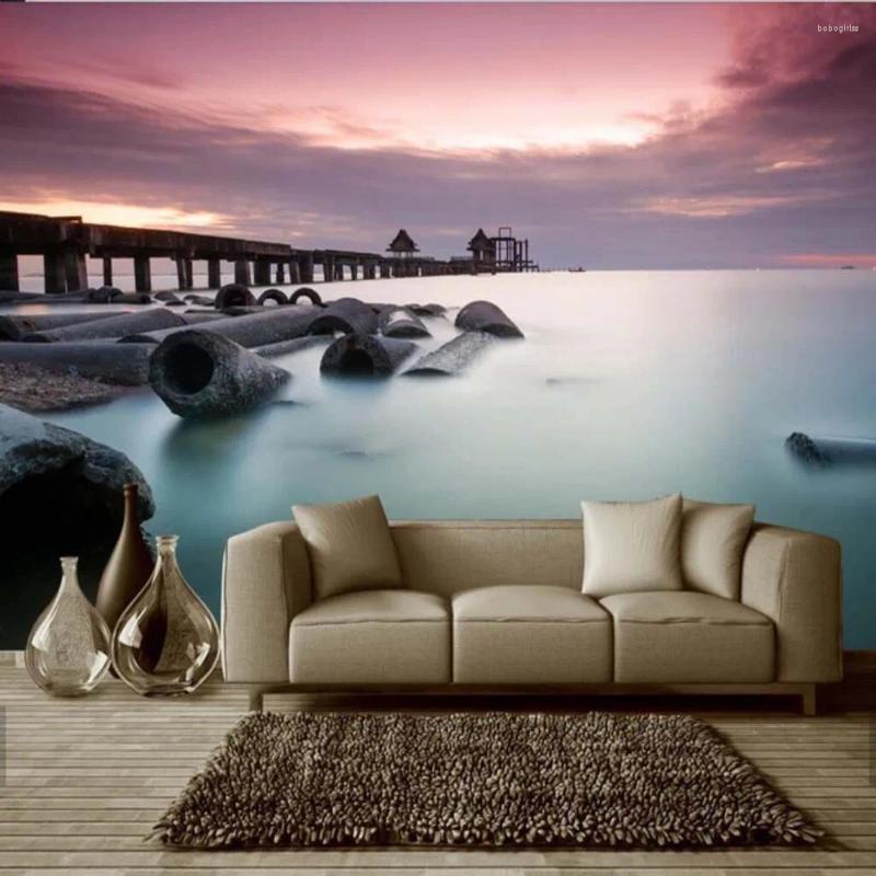 Bakgrundsbilder 3D 5D 8D Bridge Stone Sea Wallpaper Mural Natural For Bedroom Living Room TV Bakgrund Heminredning Väggpapper Roll Anpassad storlek