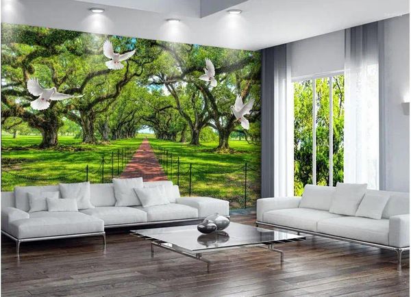 Fondos de pantalla 3D Papel tapiz de baño Decoración del hogar Bosque verde Paisaje TV Telón de fondo Mural de ventana