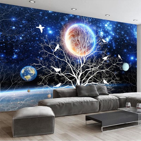 Fonds d'écran 3D Dessin Animé Peintures Murales Papier Peint Moderne Ciel Étoilé Arbre Fleur Oiseau Po Mur Tissu Enfants Chambre D'enfant Décor À La Maison Couvrant