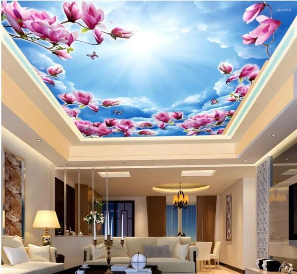 Fondos de pantalla 3D Murales de techo Papel tapiz personalizado PO Cielo azul Nubes blancas Magnolia roja Decoración Pintura Mural de pared